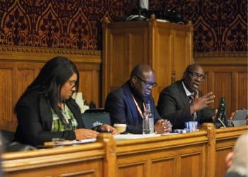 Bell Ribeiro-Addy, Wale Hudson-Roberts and Richard Reddie at Quaker reparations meeting in parliament