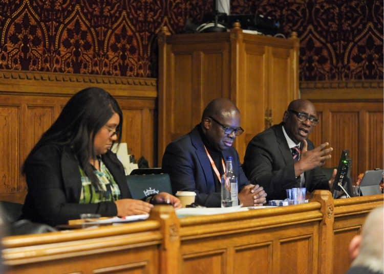 Bell Ribeiro-Addy, Wale Hudson-Roberts and Richard Reddie at Quaker reparations meeting in parliament