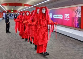 Red Rebels at Birmingham NEC protest SDSC-UK arms fair