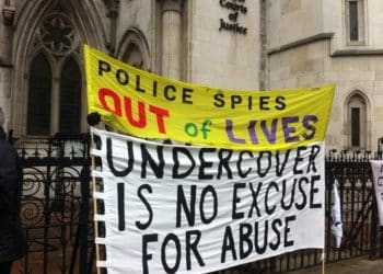 Spycops campaign banners outside Royal Courts of Justice
