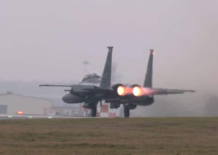 USAF F-15 takes off from RAF Lakenheath