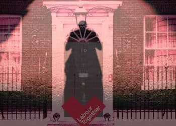 Image in pale red hues. Number 10 Downing Street with a Labour Together logo in front of the door and a shadow of a man cast onto to it from the top of the logo. DWP
