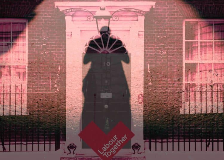 Image in pale red hues. Number 10 Downing Street with a Labour Together logo in front of the door and a shadow of a man cast onto to it from the top of the logo. DWP