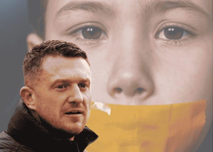 Tommy Robinson in front of an image of a child with tape on their mouth