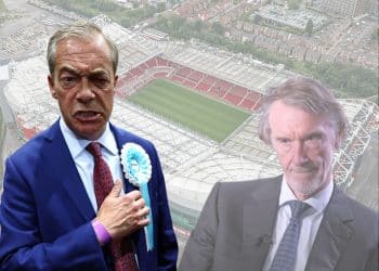 Images of Nigel Farage and Jim Ratcliffe in front of Old Trafford reform