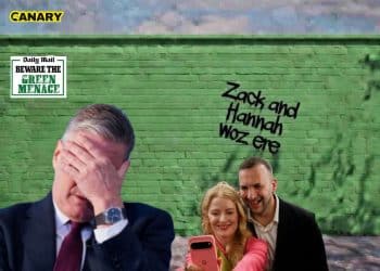 Stood in front of a green brick wall, Starmer has his head in his hands whilst behind him Hannah Spencer and Zack Polanski are taking a happy selfie. Labour