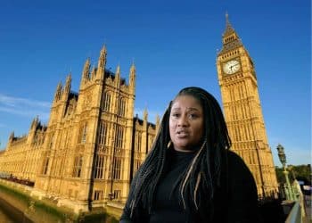 Composite image showing Palace of Westminster behind Bell Ribeiro-Addy MP, chair of the All Party Parliamentary Group for Afrikan Reparations Petition on reparations for slavery and colonialism