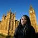 Composite image showing Palace of Westminster behind Bell Ribeiro-Addy MP, chair of the All Party Parliamentary Group for Afrikan Reparations Petition on reparations for slavery and colonialism