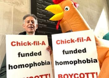 Peter Tatchell and a giant chicken protest against Chick-fil-A
