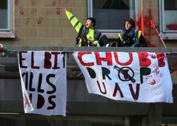 Protest at Manchester office of Chubb Insurance Signs read Elbit Kills Kids and Chubb Drop UAV