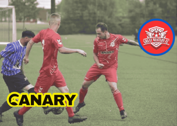 Three men playing football in Canary UK branded kits. In the foreground is the Canary UK Logo and the Great Western FC logo.