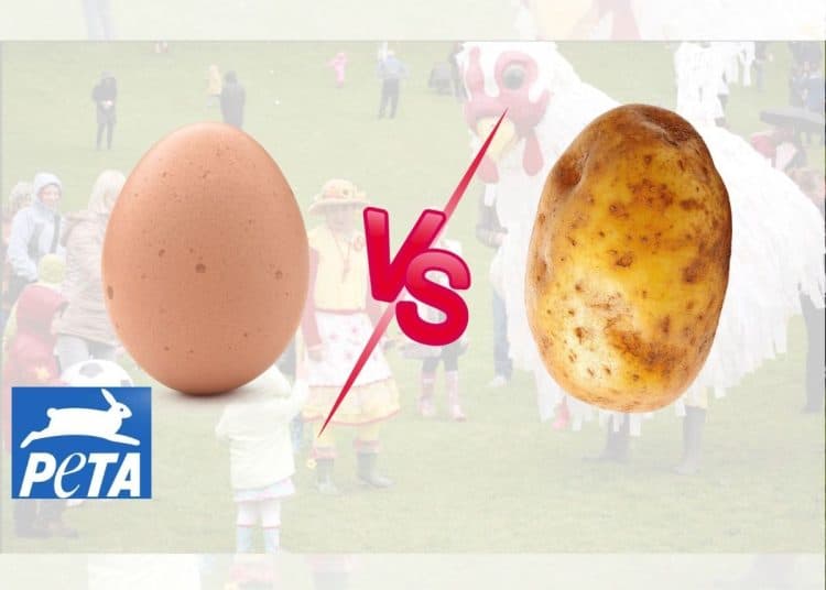 An egg and a potato with a 'VS' symbol between them, PETA logo