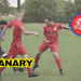 Three men playing football in Canary UK branded kits. In the foreground is the Canary UK Logo and the Great Western FC logo.