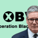 Pale green background with the 'Operation Black Vote' logo. In front of it on the left hand side is Keir Starmer looking guilty. Labour