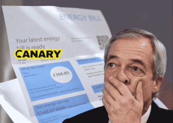 Nigel Farage, leader of Reform UK, looks upset in front of a large picture of an energy bill