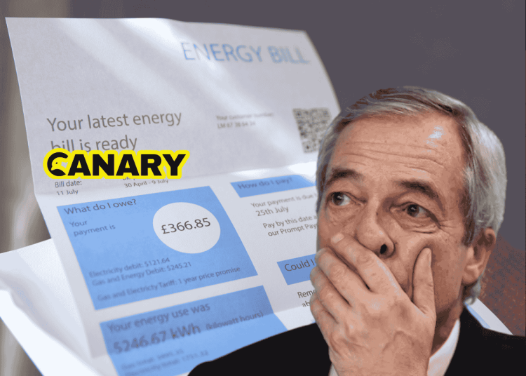 Nigel Farage, leader of Reform UK, looks upset in front of a large picture of an energy bill