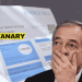 Nigel Farage, leader of Reform UK, looks upset in front of a large picture of an energy bill