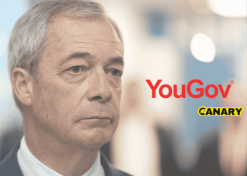 Nigel Farage looks sheepish next to the YouGov and Canary UK logos