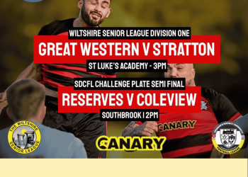 Great Western FC — A football match in the background. It states Great Western vs Stratton at St Luke's Academy at 3pm. Under that it states Reserve team vs Coleview in the semi-finals, kicking off at 2pm. Underneath is the Canary and the clubs logo.