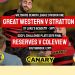 Great Western FC — A football match in the background. It states Great Western vs Stratton at St Luke's Academy at 3pm. Under that it states Reserve team vs Coleview in the semi-finals, kicking off at 2pm. Underneath is the Canary and the clubs logo.