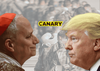 In the background there is American ground troops. In the foreground on the left we have a picture of the pope facing Trump on the right. In the middle is the Canary Logo