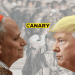In the background there is American ground troops. In the foreground on the left we have a picture of the pope facing Trump on the right. In the middle is the Canary Logo