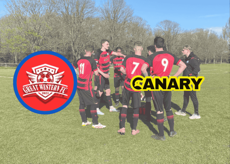 Great Western FC in the background. In the foreground on the left there is the team's logo. On the right is the Canary logo