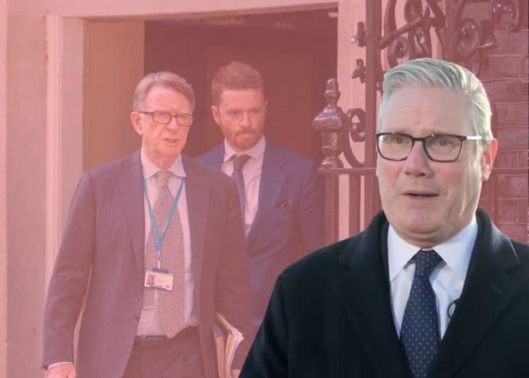 Keir Starmer with Peter Mandelson and Morgan McSweeney in the background
