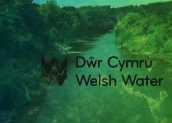 River Wye with Dwr Cymru Welsh Water's logo superimposed and a green and blue swirled colour overlay. DWP