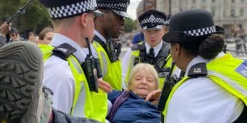 Police carry a protester at a demonstration in Trafalgar Square calling for the lifting of the proscription of Palestine Action Right to protest