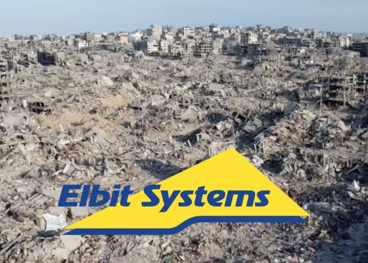 Composite image showing the logo of arms company Elbit Systems over a scene of destruction in northern Gaza