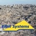 Composite image showing the logo of arms company Elbit Systems over a scene of destruction in northern Gaza