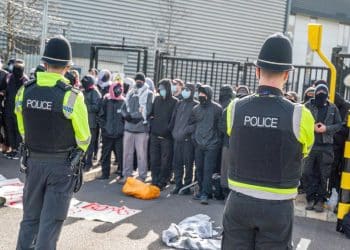 Picket at Elbit Systems factory in Filton, with police watching Pic by Barold