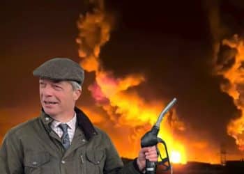 Composite image of Nigel Farage holding a petrol pump nozzle in front of an oil fire in Iran Oil Windfall Tax