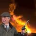 Composite image of Nigel Farage holding a petrol pump nozzle in front of an oil fire in Iran Oil Windfall Tax