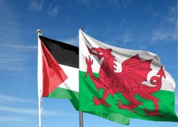 Composite image of Palestine and Wales flags against a blue sky Wales Pension Partnership divestment BDS Senedd
