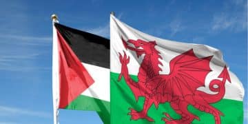 Composite image of Palestine and Wales flags against a blue sky Wales Pension Partnership divestment BDS Senedd