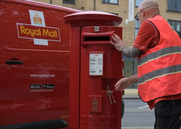 Royal Mail van, postbox and postal worker