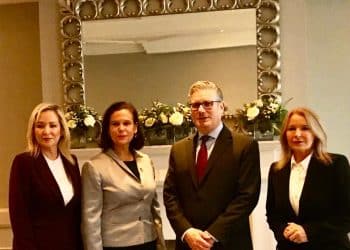 Michelle O’Neill, Mary Lou McDonald, Keir Starmer, Pat Cullen in Belfast North of Ireland fuel costs