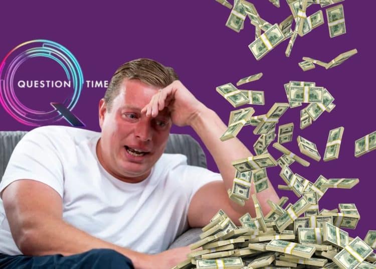 Tom Skinner, the Question Time logo, and a pile of cash