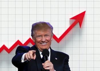 Composite image of Donald Trump in front of a red upward line graph. Illustrating bank profits and "Trumpflation"