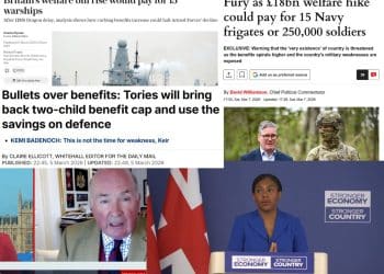 Montage of media articles and video screenshots. Top left: Telegraph with warship feature image and headline reading 'Britain's welfare bill rise would pay for 15 warships'. Middle left: Daily Mail headline reading 'Bullets over benefits: Tories will bring back two-child benefit cap and use savings on defence'. Bottom left: GB news show with Camilla Tominey and Lord Dannatt. Top right: Express article with picture of Keir Starmer next to a soldier and a headline reading 'Fury as £18bn welfare hike could pay for 15 Navy frigates or 250,000 soldiers'. Bottom right: Kemi Badenoch at the Conservative Party spring conference podium. DWP
