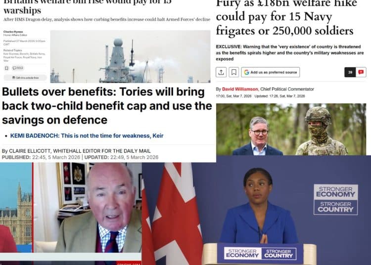 Montage of media articles and video screenshots. Top left: Telegraph with warship feature image and headline reading 'Britain's welfare bill rise would pay for 15 warships'. Middle left: Daily Mail headline reading 'Bullets over benefits: Tories will bring back two-child benefit cap and use savings on defence'. Bottom left: GB news show with Camilla Tominey and Lord Dannatt. Top right: Express article with picture of Keir Starmer next to a soldier and a headline reading 'Fury as £18bn welfare hike could pay for 15 Navy frigates or 250,000 soldiers'. Bottom right: Kemi Badenoch at the Conservative Party spring conference podium. DWP