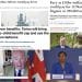Montage of media articles and video screenshots. Top left: Telegraph with warship feature image and headline reading 'Britain's welfare bill rise would pay for 15 warships'. Middle left: Daily Mail headline reading 'Bullets over benefits: Tories will bring back two-child benefit cap and use savings on defence'. Bottom left: GB news show with Camilla Tominey and Lord Dannatt. Top right: Express article with picture of Keir Starmer next to a soldier and a headline reading 'Fury as £18bn welfare hike could pay for 15 Navy frigates or 250,000 soldiers'. Bottom right: Kemi Badenoch at the Conservative Party spring conference podium. DWP