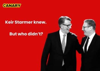 Red background with Keir Starmer and Peter Mandelson smiling at each other. The canary logo is in the top left