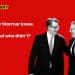 Red background with Keir Starmer and Peter Mandelson smiling at each other. The canary logo is in the top left