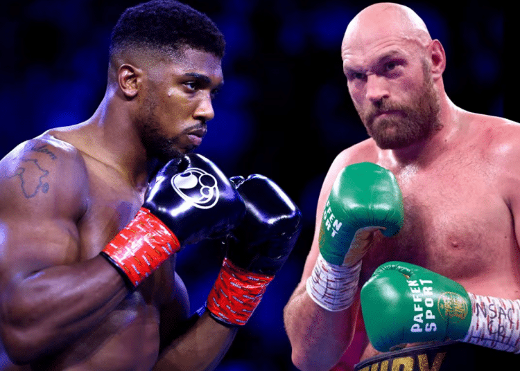 Anthony Joshua (left) and Tyson Fury (right) hold their gloves up in a defence stance, bare chested, in separate images that have been edited to be side by side