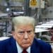 Composite image with Trump headshot over pic of a ceramic tile factory. TUC speaks out on at-risk manufacturers.