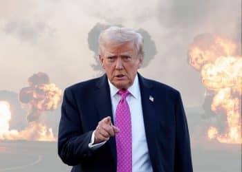 Donald Trump in front of explosions