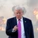 Donald Trump in front of explosions